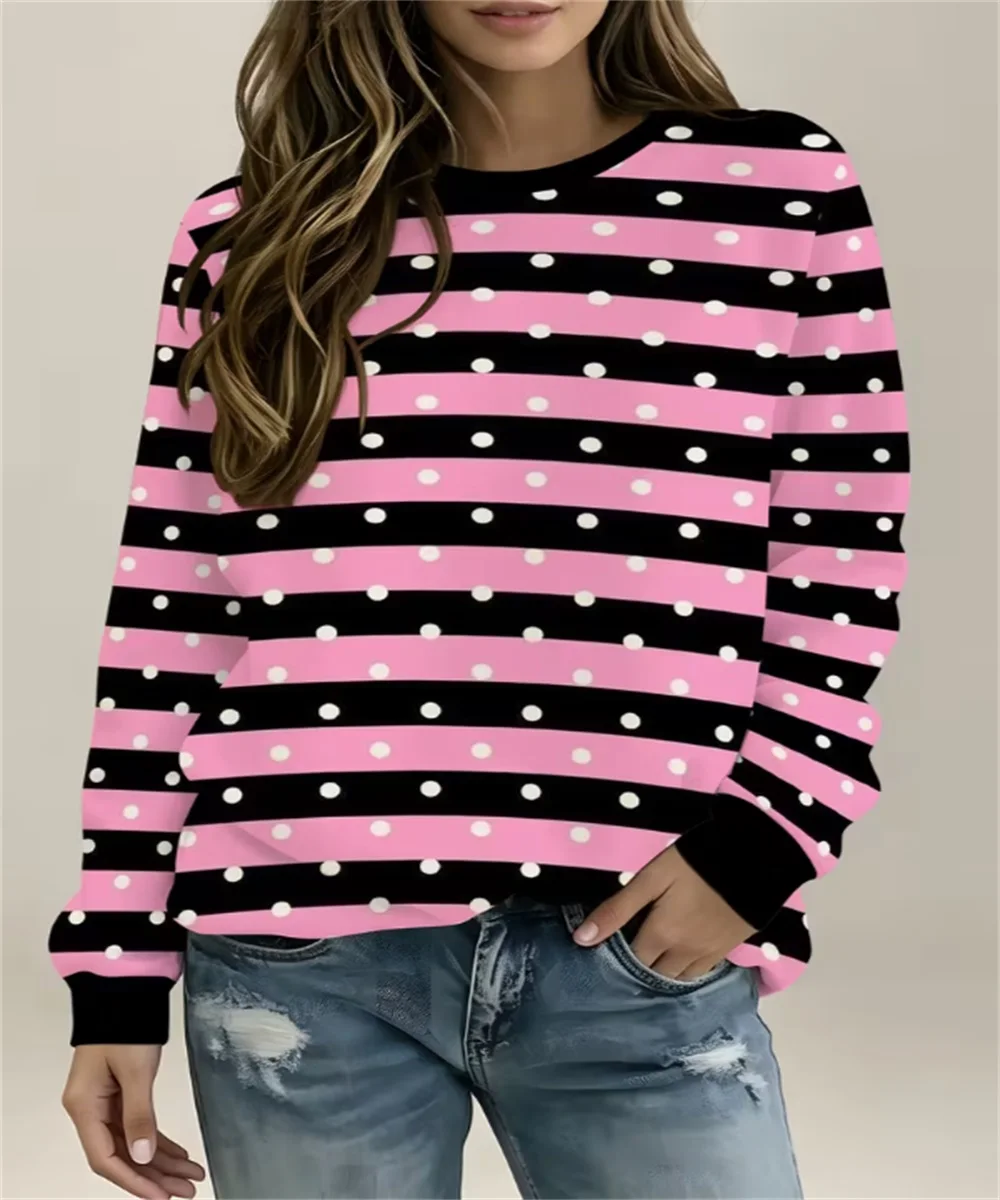 2026 Autumn Women's Pink Black Stripe & White Polka Dot Print Crew Neck Sweatshirt, Long Sleeve Casual Pullover Top