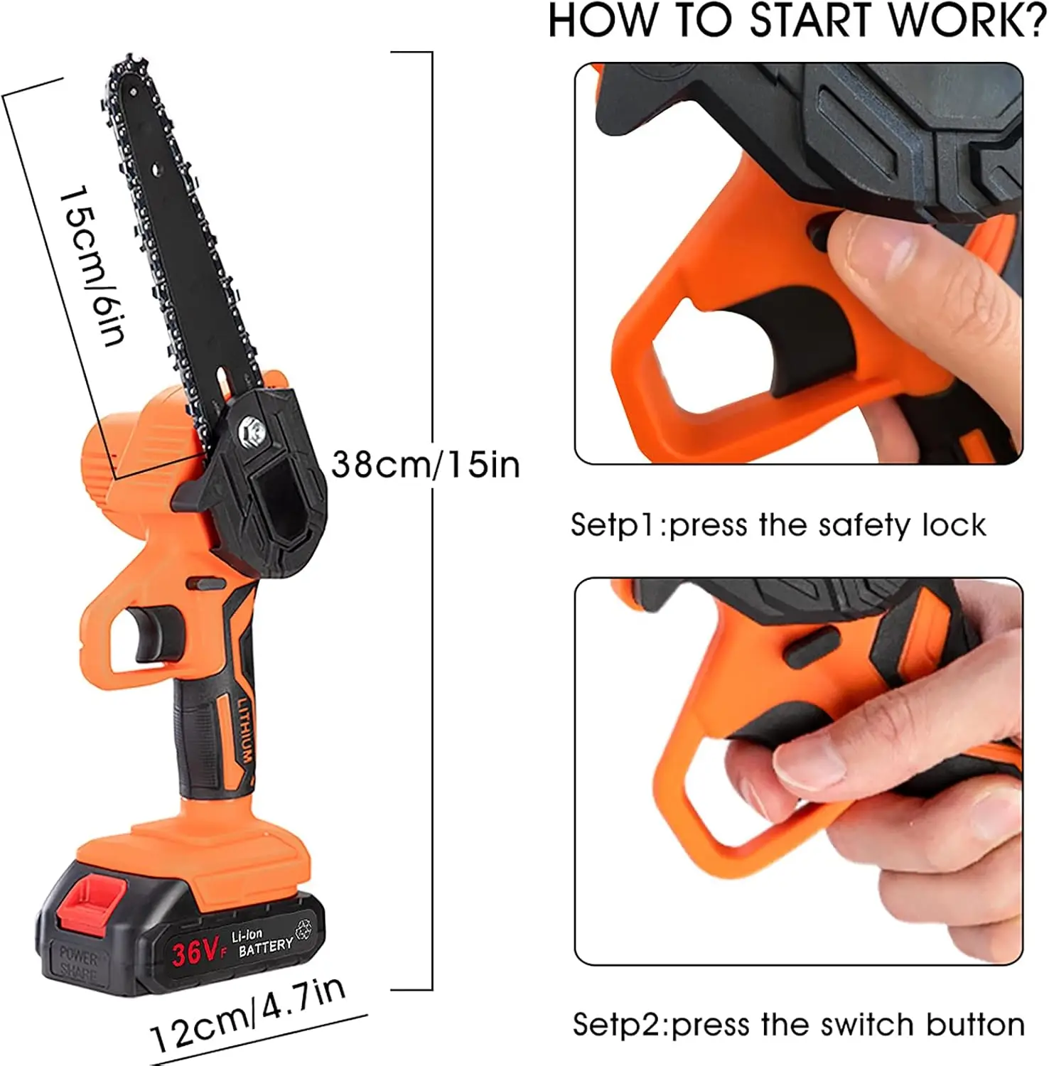 Mini motosserra elétrica sem fio, motosserra elétrica, 36V