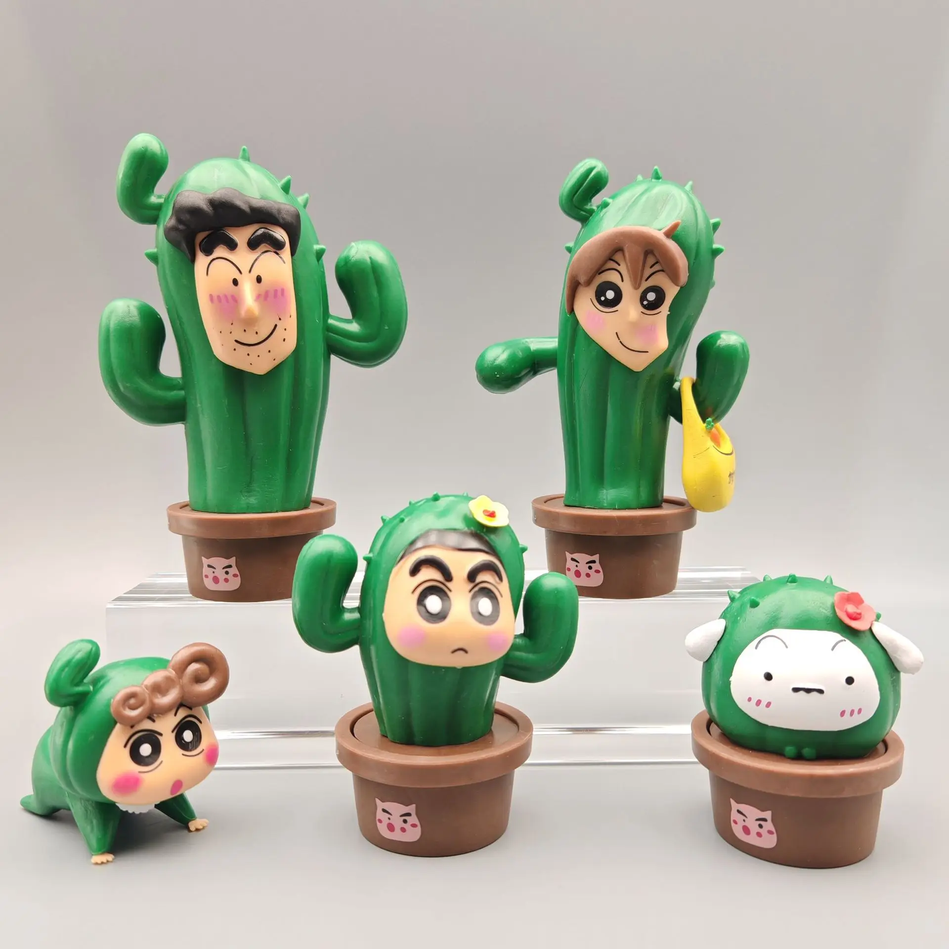 

5pcs Anime Crayon Shin-chan family Cross-dressing cactus Statue model Q Version Figurine Pvc Model Toy Decoration Desktop Gift