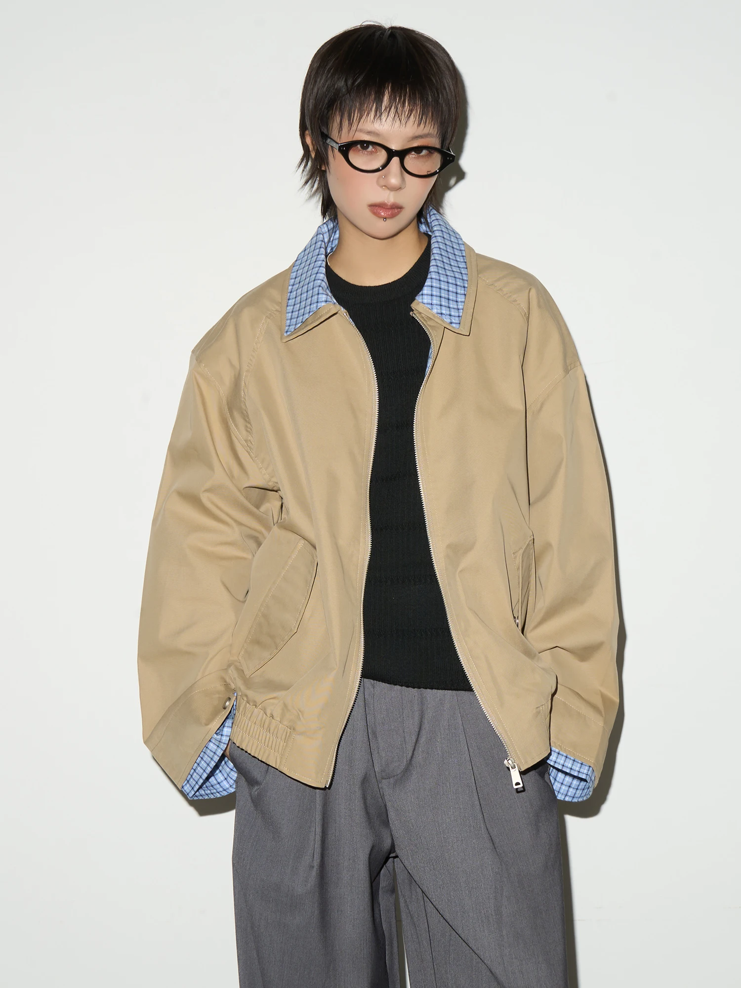 

MICHINNYOrnfit Ретро клетчатый цвет Blo Jaet Street Sle Свободная посадка из смеси хлопка обычной длины Весенняя верхняя одежда для оба меня...