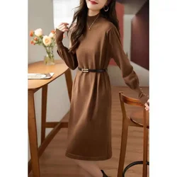 Spring and Autumn Women's Solid Half High Collar Lantern Sleep Puller Midi Button Sashes Fashion Office Lady Knitted Dress