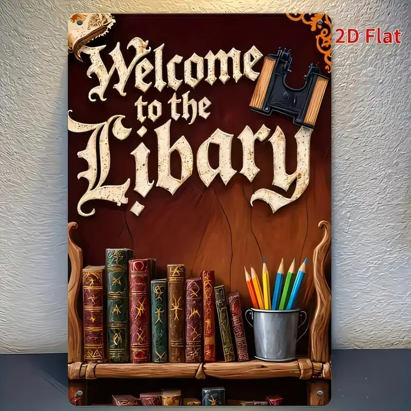 2D Flat Vintage Library Books Pencils Metal Tin Sign - Retro Font & Bookshelf Design, Brown Iron Wall Art, Perfect for Study/Cla