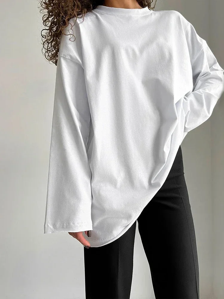 

New Spring Autumn 100% Cotton Knit Oversized T Shirt Round Neck Long Sleeves Tops Loose T-shirt Women's Elegant Blouses Clothes