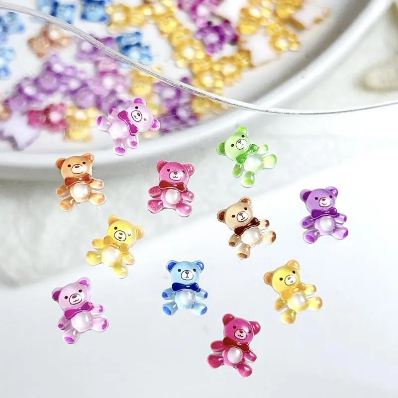 20PCS Translucent Colored Bears Nail Art Charms Cartoon Cute Bow Bears Resin Nail Decorations for Manicure DIY Crafts Supplies