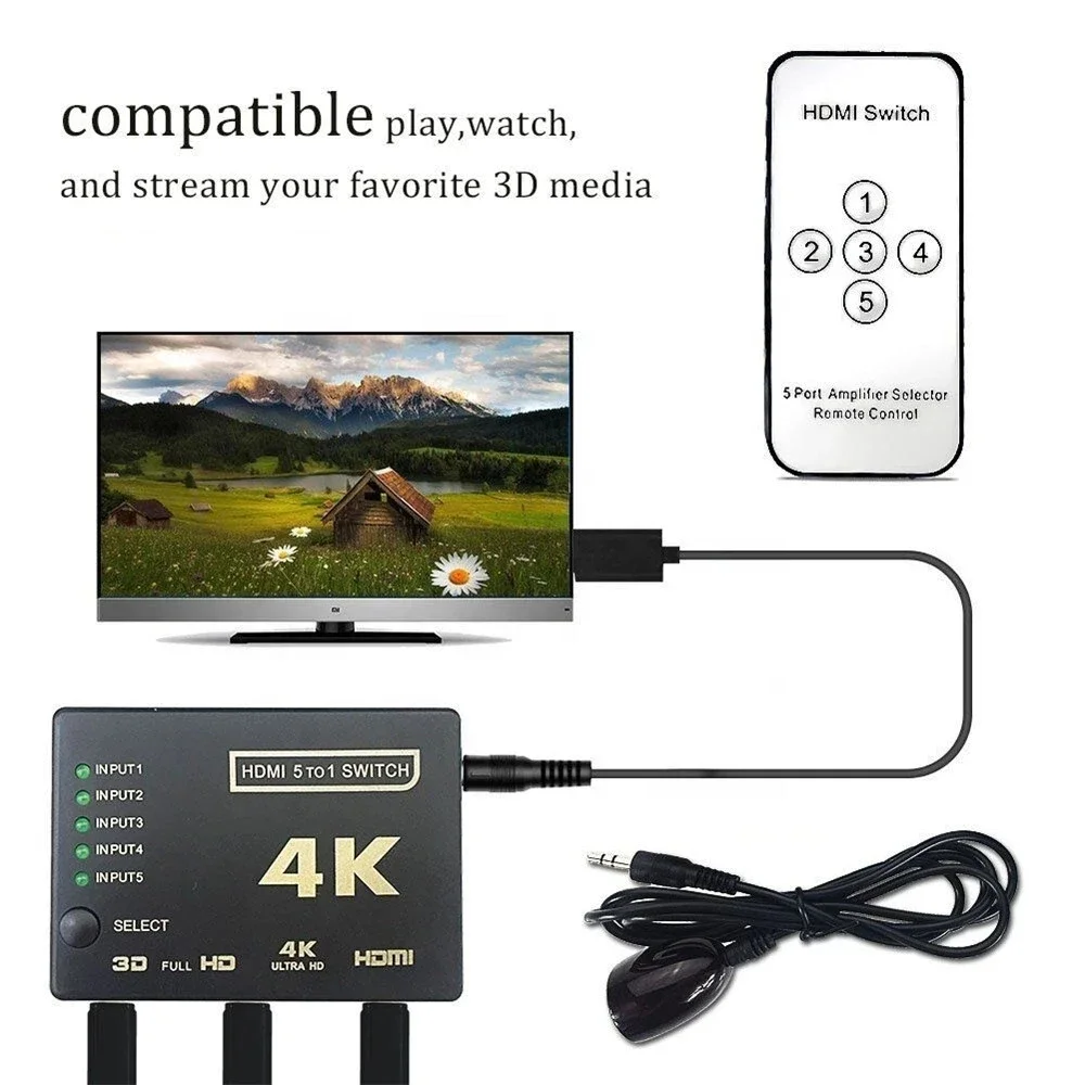 5x1 HDMI Switcher 4K 1080P 5x1 3x1 HDMI Switch Selector 5 in 1 out Video Splitter With Remote Controlle for PS4/3 TV Box HDTV PC