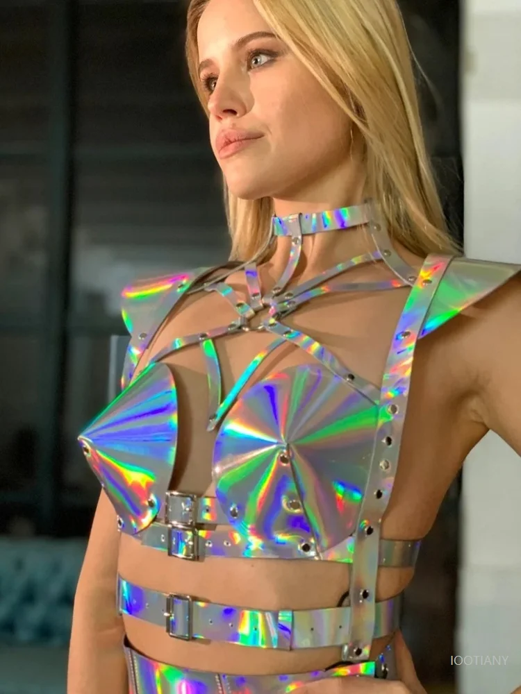 

Women's Pu Leather Strap Bra Space Top Belt Singer Laser Cosplay Space Suspender Gothic Suspender Holographic Leather Costume