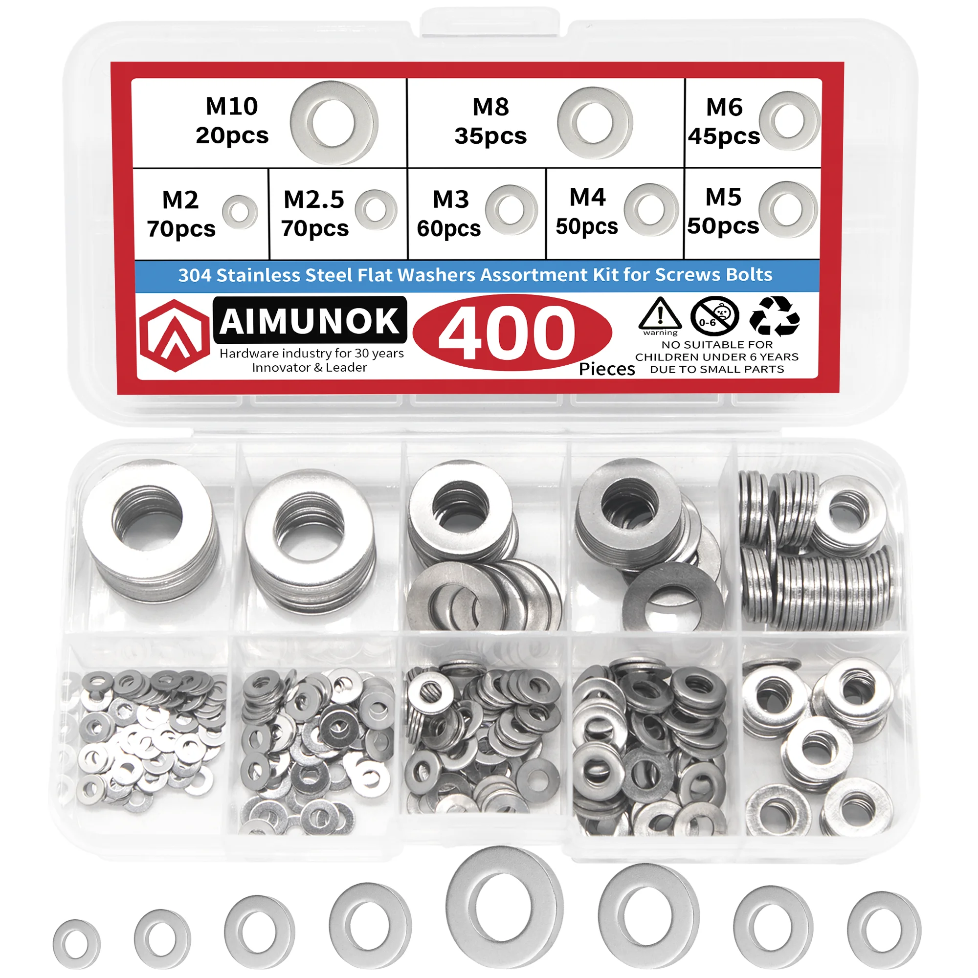 400PCS 304 Stainless Steel Flat Washers Assortment Kit for Screws Bolts M2 M2.5 M3 M4 M5 M6 M8 M10 Big Metal Gasket Meson Plain