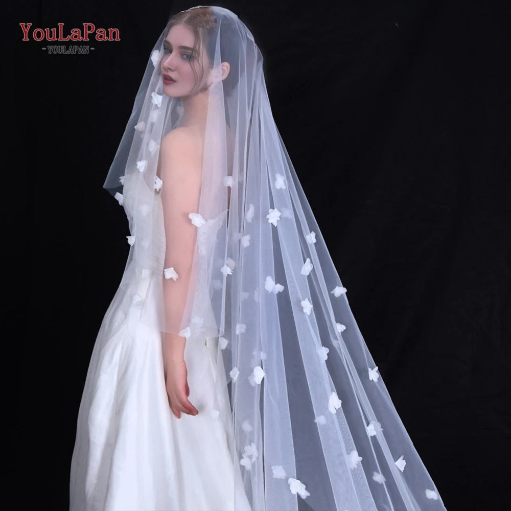 YouLaPan 3d fiori velo da sposa 2 livelli pizzo disperso Applique floreale veli da sposa copertura viso morbido bianco avorio cattedrale V190