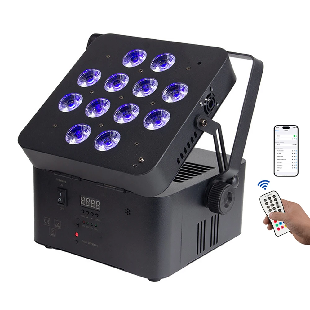 

Wireless Rechargeable Stage Par Light 12X12W RGBWA+UV 6IN1 LED Uplight 13000AH Remote Control LED Stage Effect Light for DJ Club