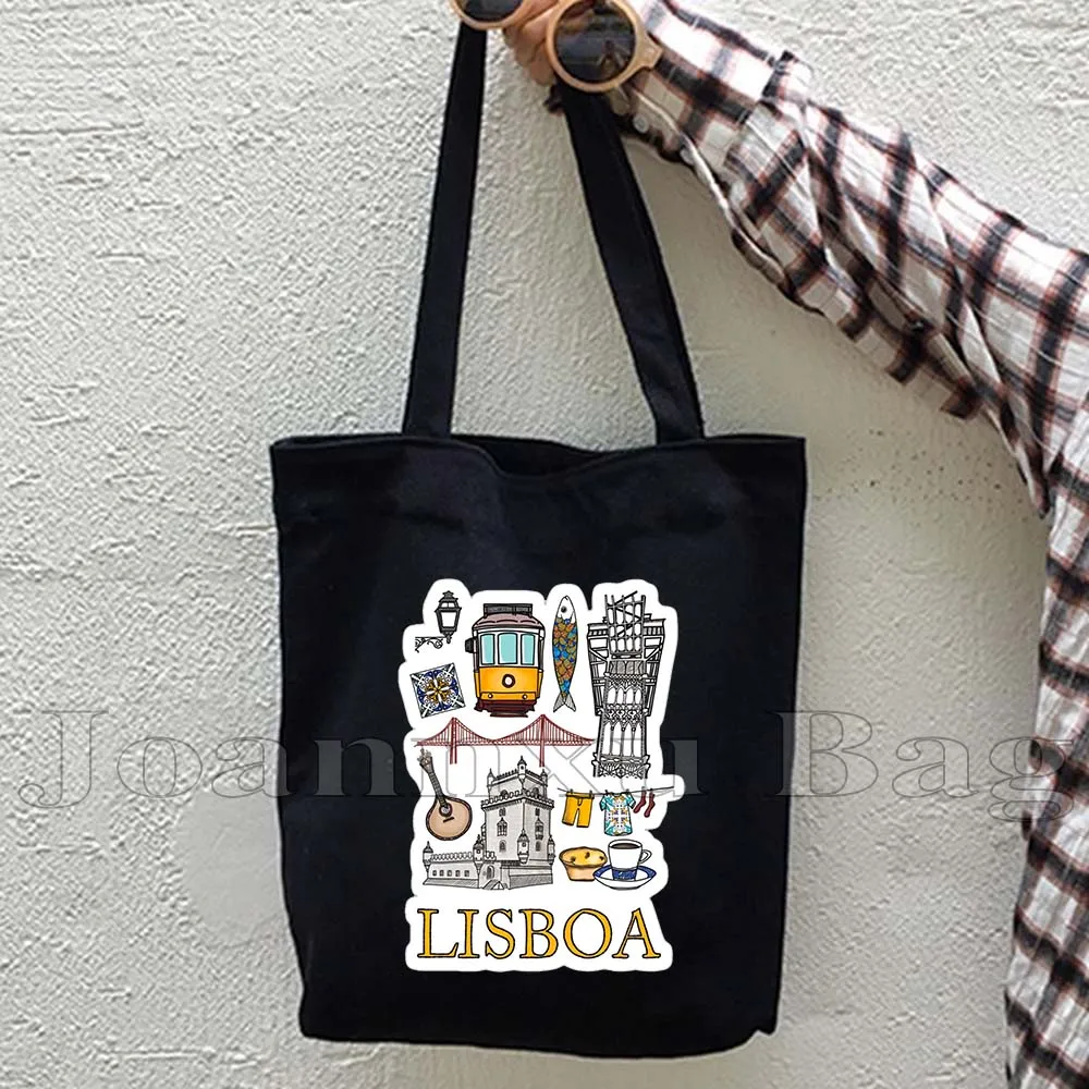 Bolso de mano de lona con diseño de sardinas, tranvía de Lisboa, Portugal, corazón, azulejo, mapa de la ciudad de Oporto Lisboa y lugares emblemáticos, estilo shopper, bonito y distintivo.