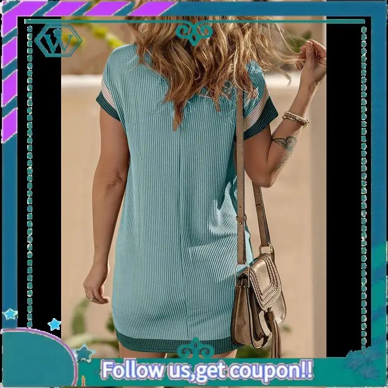 A09P – robe t-shirt à manches courtes et col rond pour femme, tenue décontractée, bloc de couleurs, été