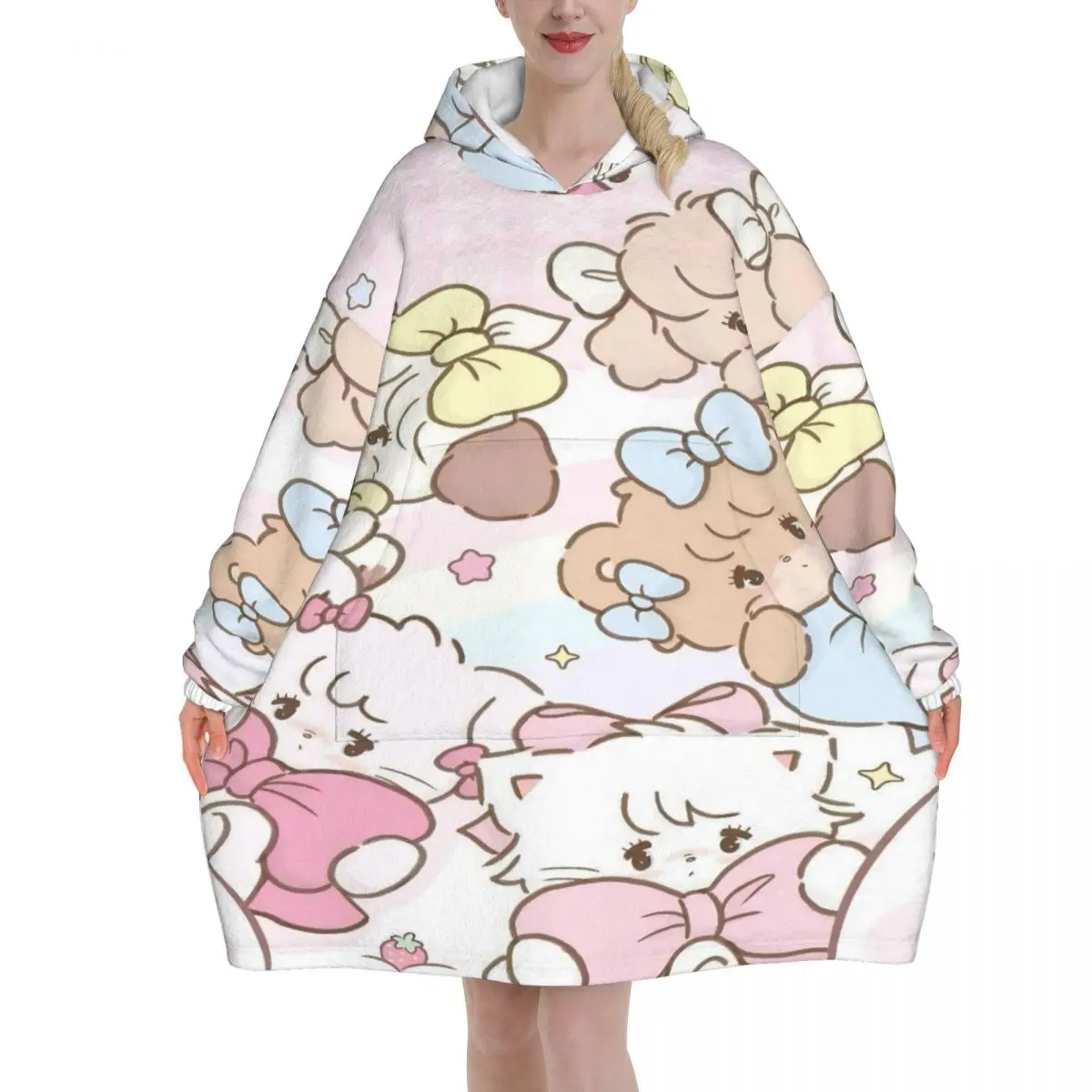 Pink Cartoon Mikko Mousse Wearable Blanket Hoodie for Women Men Oversized Sweatshirt Blanket with Pocket