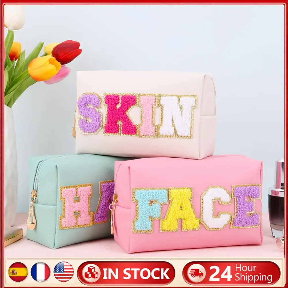 

3PCS Preppy Patch Makeup Bag with Patches Chenille Letter Face Hair Skin Bag PU Leather for Women for Travel Accessories
