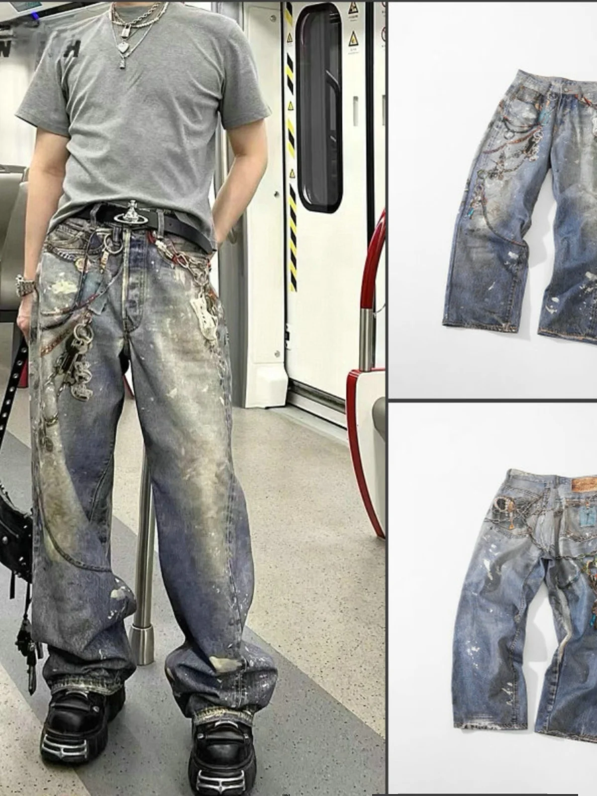 

Street Sle Vintage 3D Print Straight Leg Jeans Men Women Distred Denim Pants High Waist mid Rise Capri Length
