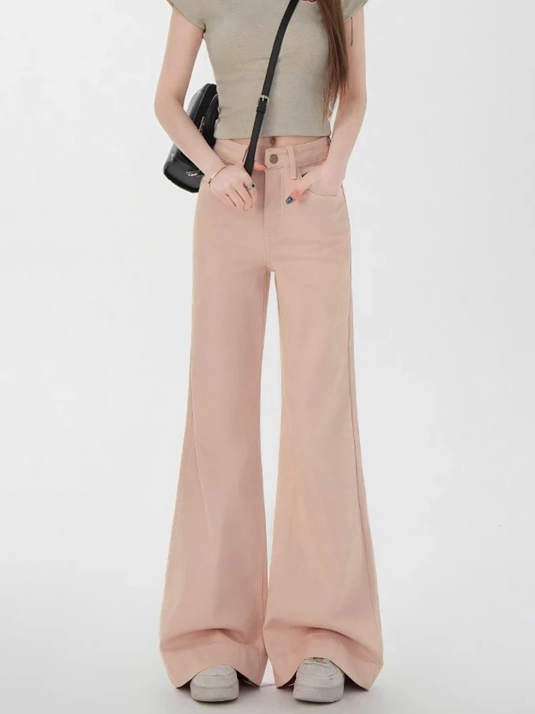 

American Style High Waist Bell Bottom Jeans Women's Elastic Pink Denim Pants Casual Loose Fit Autumn Winter New Arrival