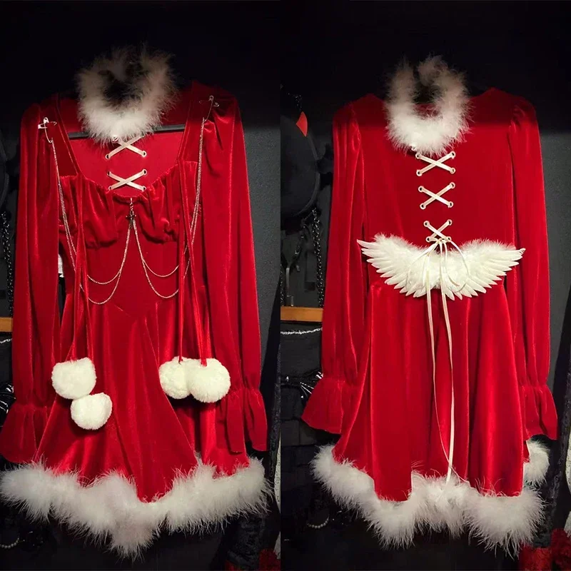 Vestido Punk Lolita de felpa con volantes y retales para niña, vestido con alas de manga larga, cosplay de Ángel de anime, uniforme de Navidad de Papá Noel, envío directo