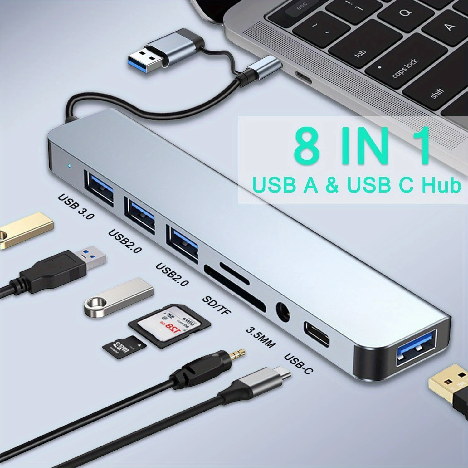8-in-1 USB Expander HUB USB Distributor with 2 USB 3.0, 2 USB 2.0, And 1 USB C Ports, TF/SD Card Suitable For Laptops PC Macbook