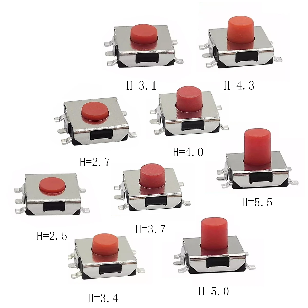 6.2X6.2X2.5/2.7/3.1/3.4/3.7/4/4.3/5/5.5mm 5PIN SMD 260GF,Red Tact Button,Momentary Click Switch,PCB Mounting Switch,Per 50PCS