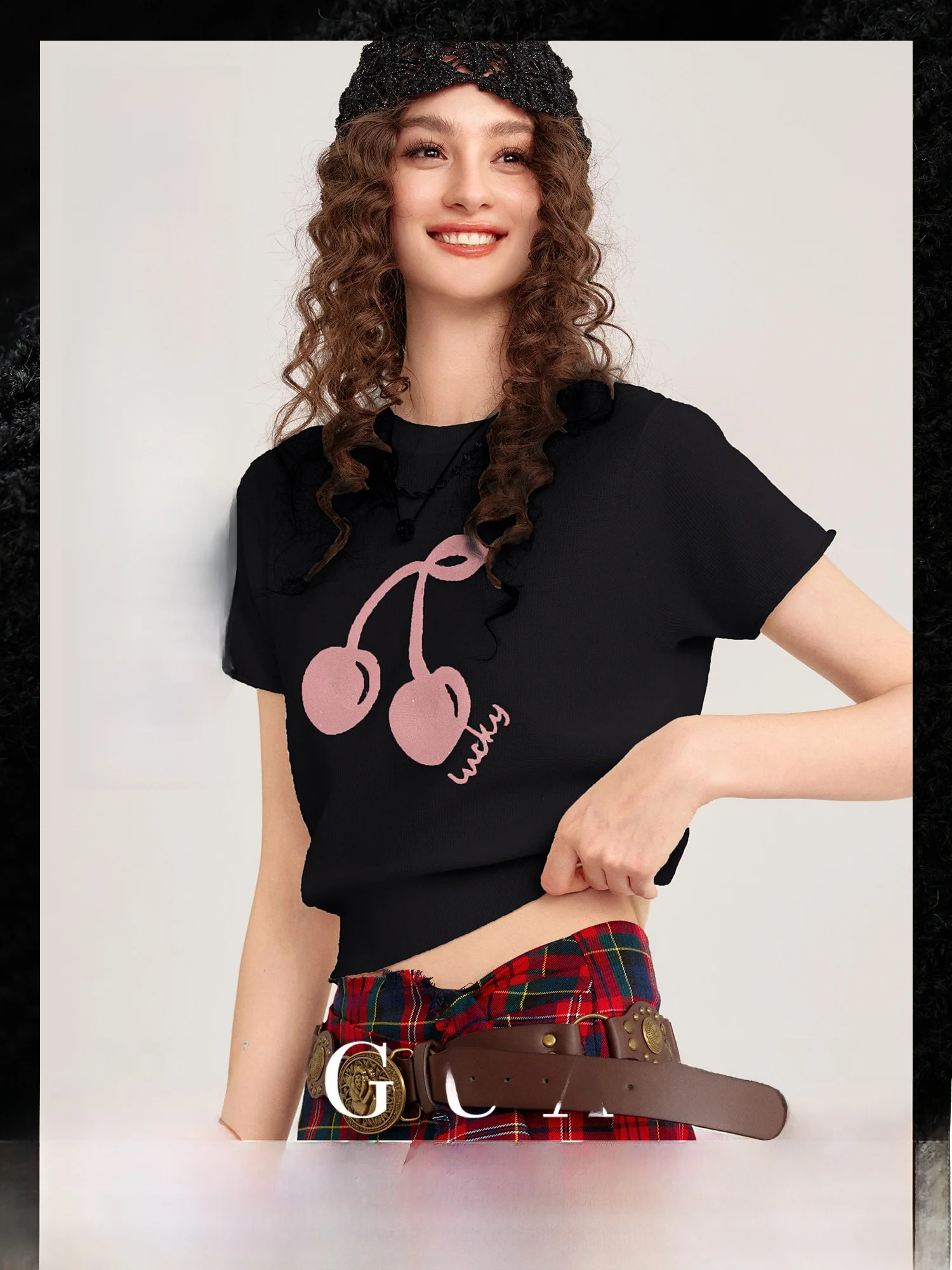 

Soft Woolen Knitted ort Sve T-irt Women's Summer Top Fruit Pattern Casual round Ne Loose Fit Nylon Acrylic Wool Blend