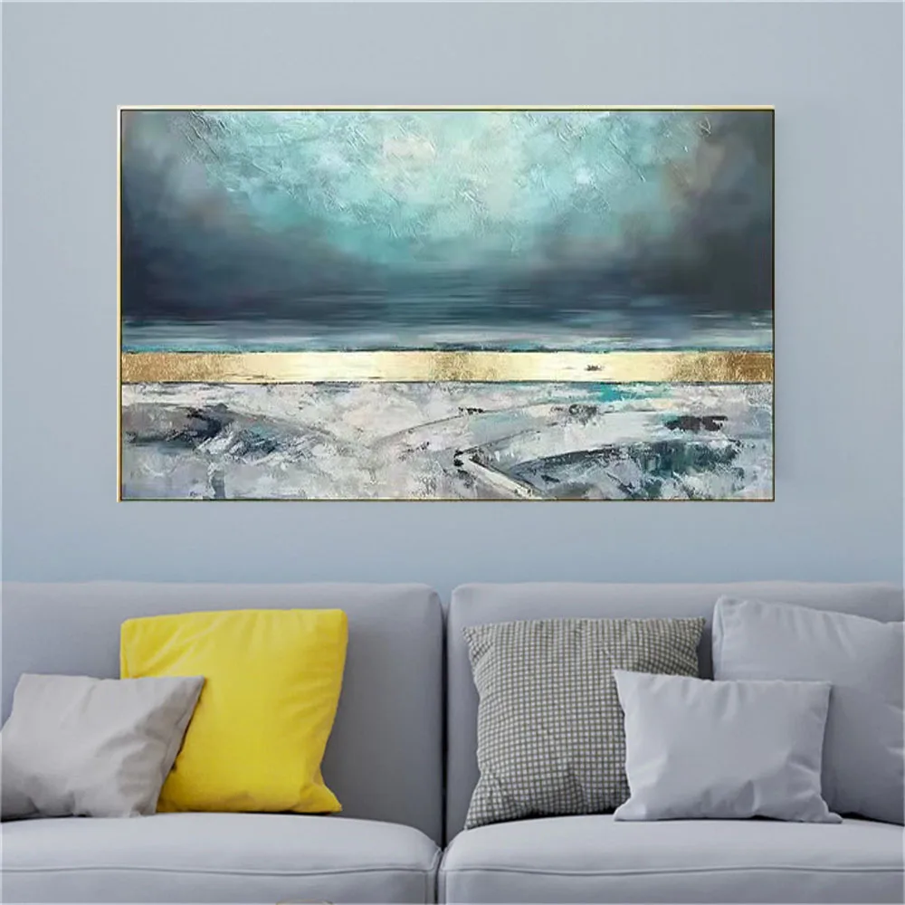 Latest Design Blue Gold Foil Texture Starry Sky Horizon Picture Handmade Landscape Oil Painting On Canvas Trim For Living Room