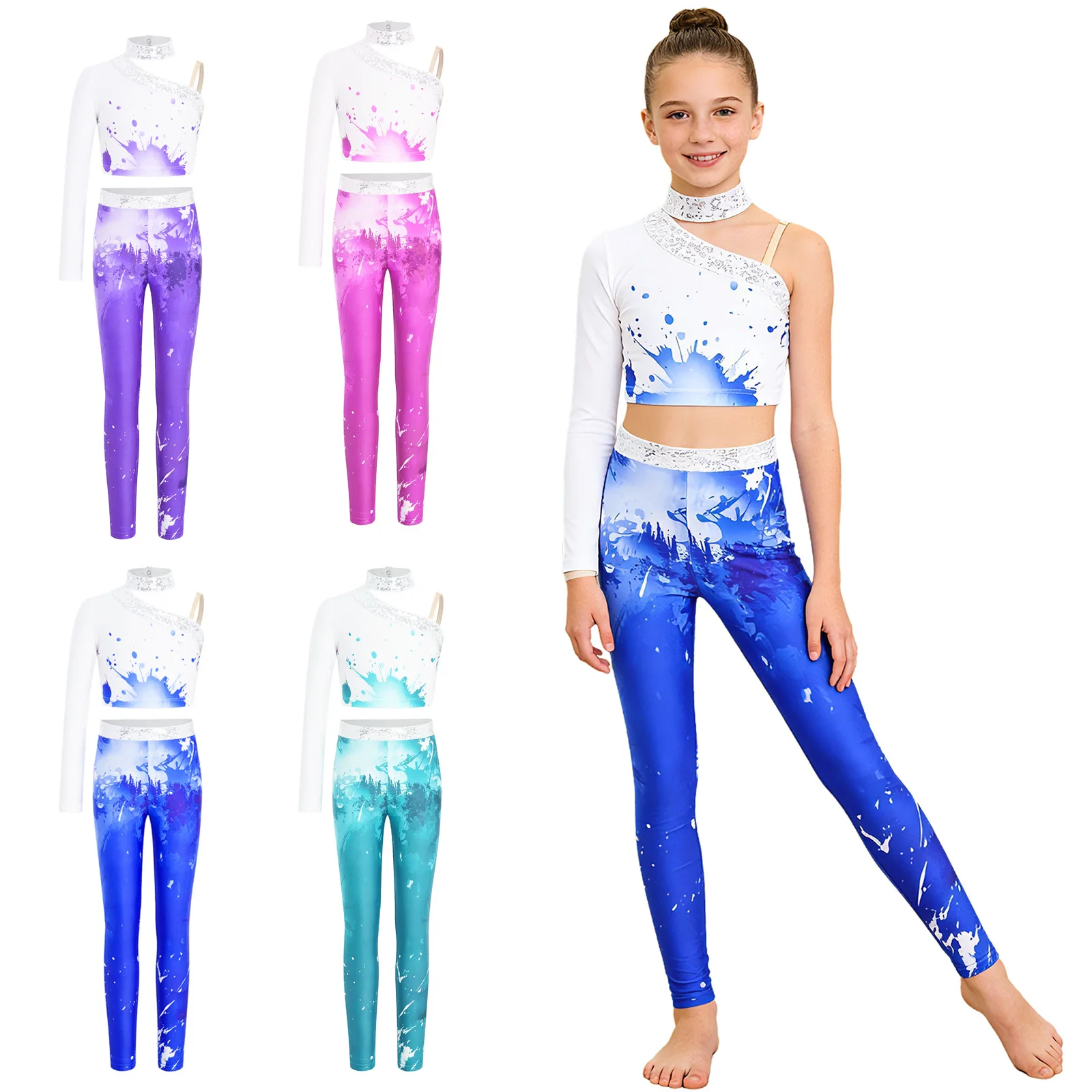 十代の女の子のバレエダンスセットスタイリッシュなプリント体操フィギュアスケート衣装光沢のあるスパンコールワンスリーブクロップトップとレギンススーツ