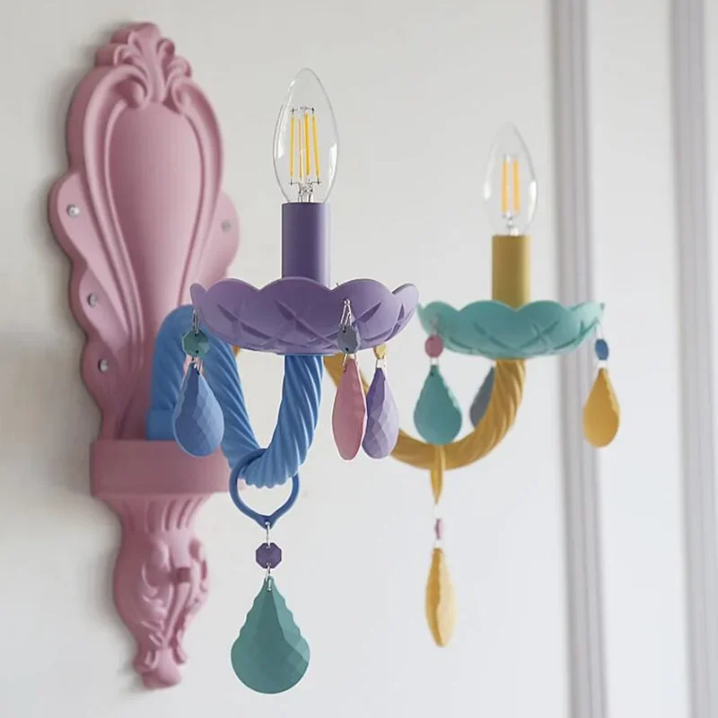 Rainbow Crystal Chandelier European Candle Bedroom Children\'s Room American Girl Princess Makaron Pendant Chandeliers Light