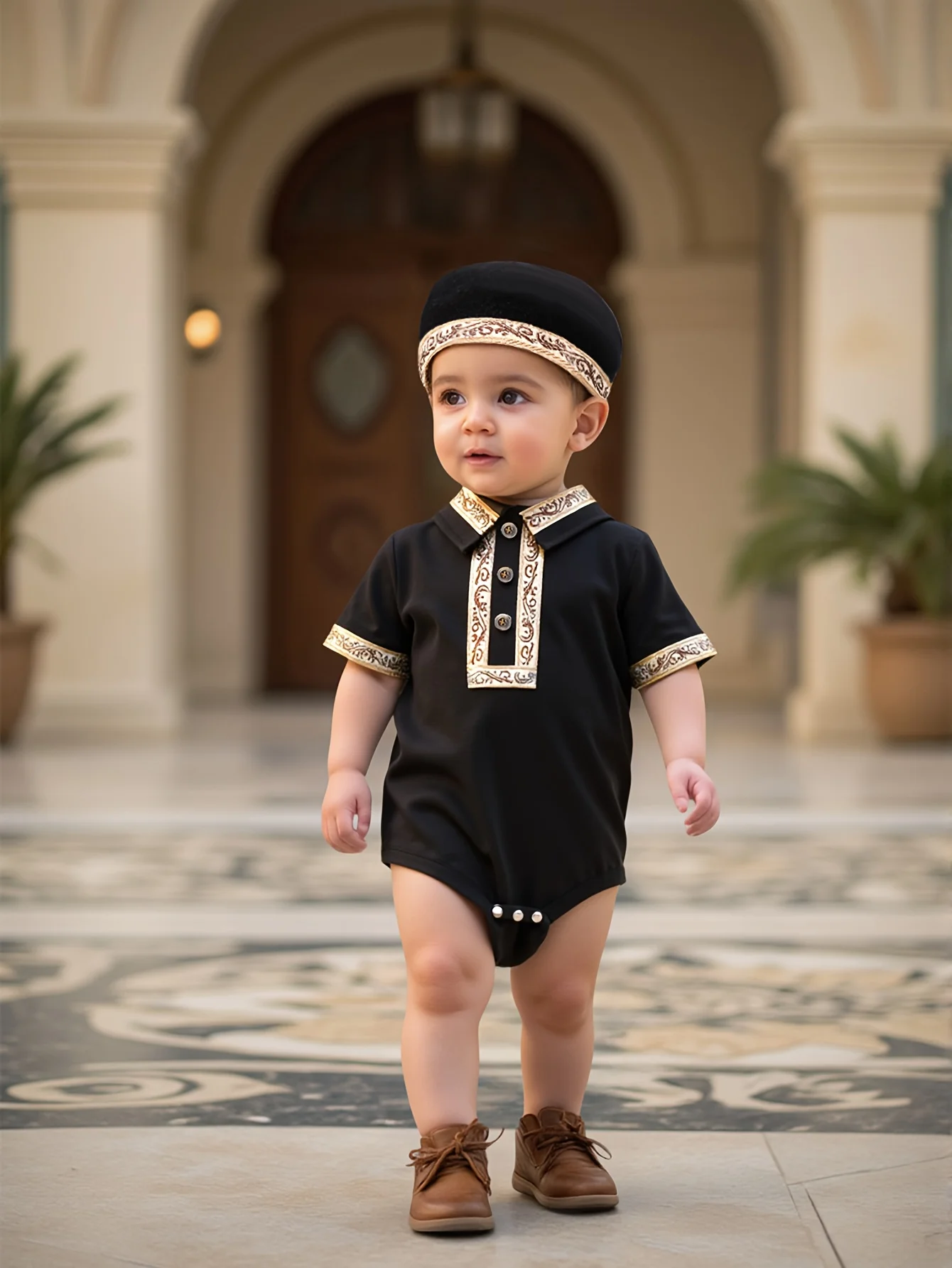 A Two-Piece Set Of Ethnic-Style Shirt, Lapel, Triangular Jumpsuit And Webbing Hat For A Baby Boy