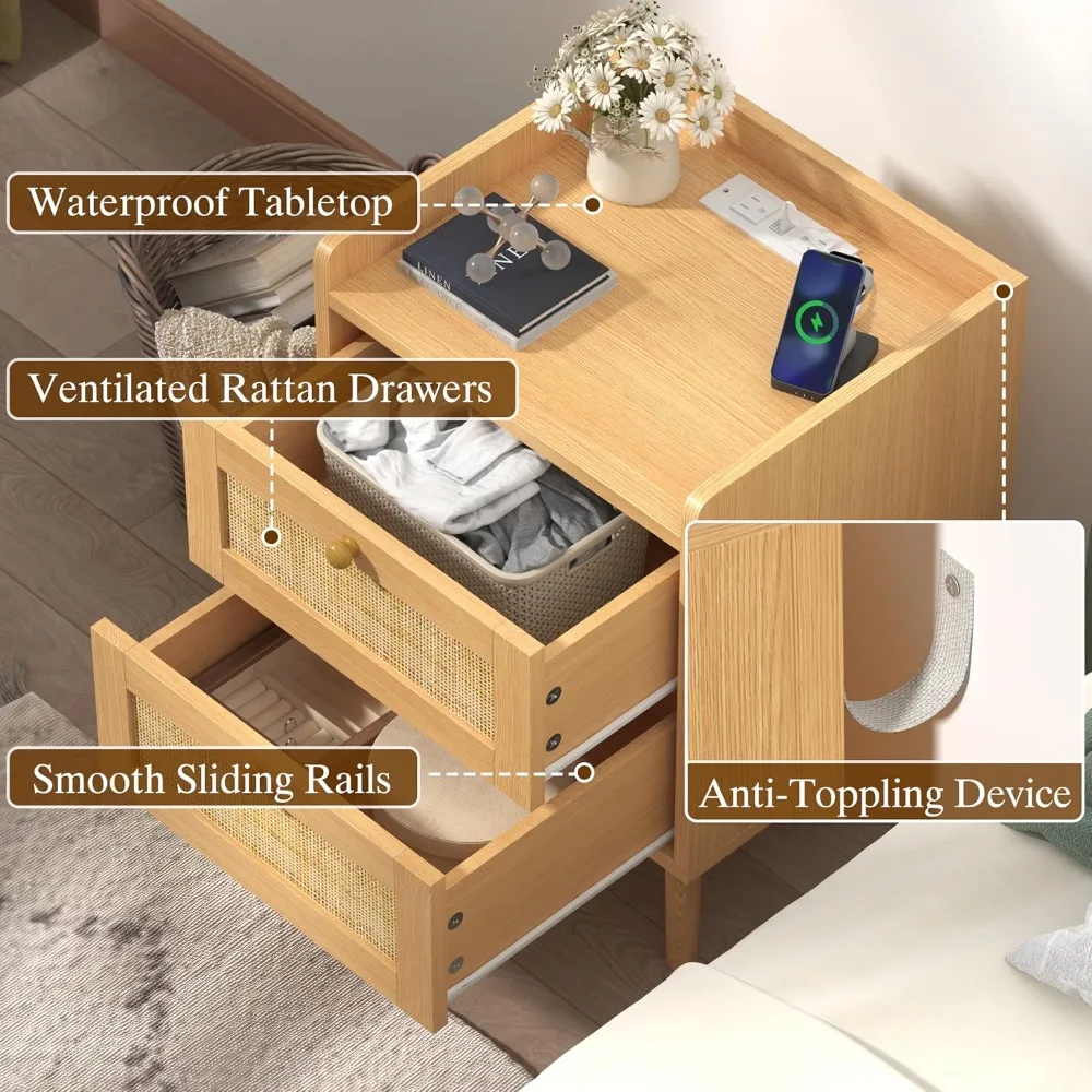 

Night Stand Set 2, Nightstand with Charging Station, Wooden Rattan Bed Side Table with Storage Drawers, Customized