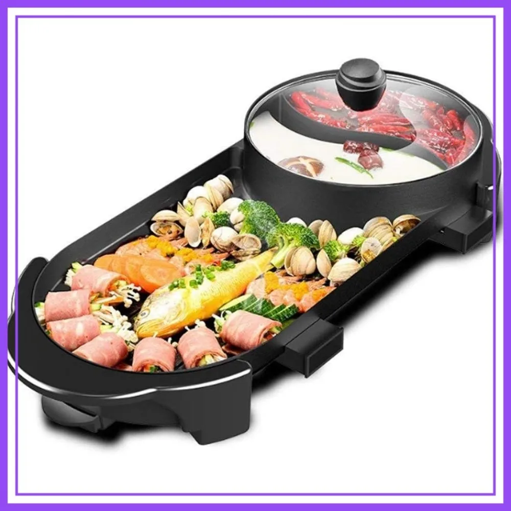 

Hot Pot and Grill Combo, Korean BBQ Indoor Electric, Dual Temperature Control, Non-Stick, 2-12 People, 110V