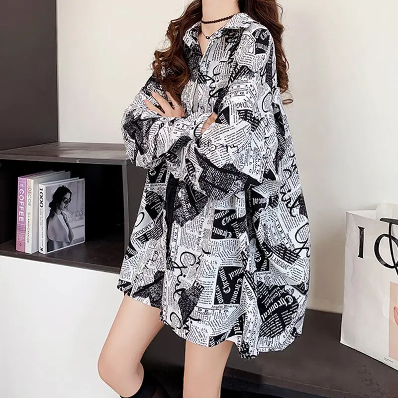 Korean Printed Single-breasted Blouse Long Sleeve Female Fashion Loose Turn-down Collar Thin Casual Shirt Women\'s Clothing 2023