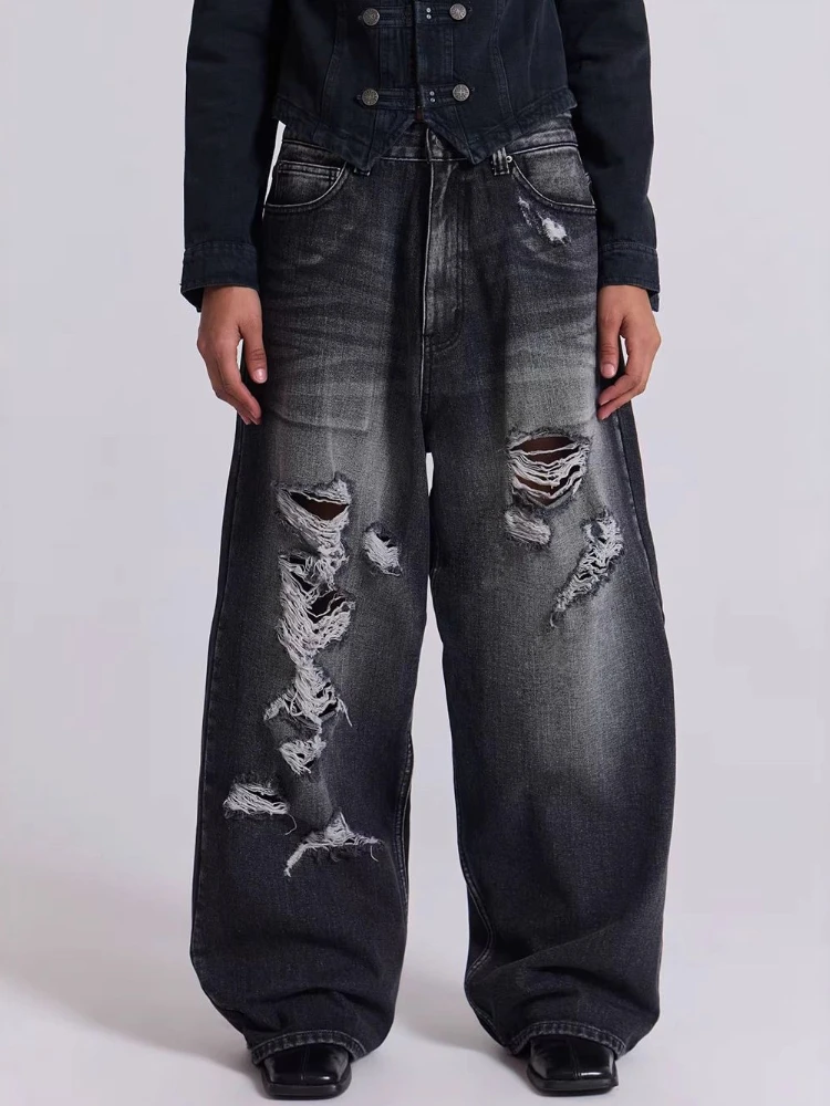 HOUZHOU Y2k Gothic Vintage Graphic Women Man Ripped Jeans Grunge Washed Wide Leg American Style Denim Trousers Baggy High Street