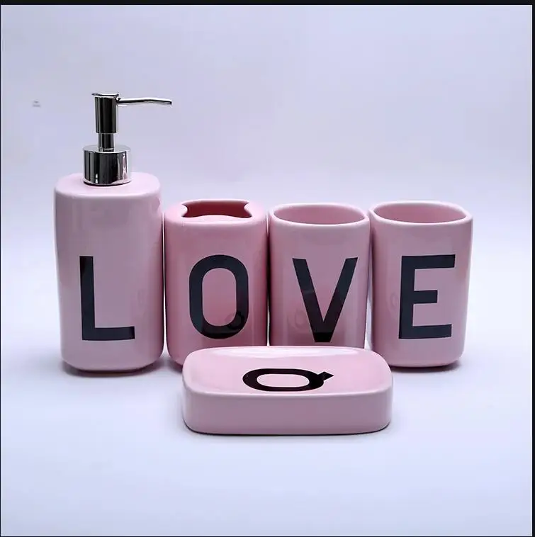 Pink Ceramic Wash Kit Bathroom Accessories Five-piece Home Hotel Soap Dispenser Mouthwash Cup Set Toothbrush Holder Dish