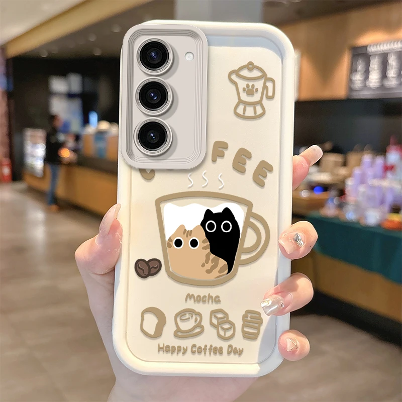 Cute Coffee Cat Cartoon Phone Case For Samsung Galaxy A36 A35 A34 A33 A32 5G A31 A30 A24 A23 A22 A16 A12 A50S M55 Silicone Cover
