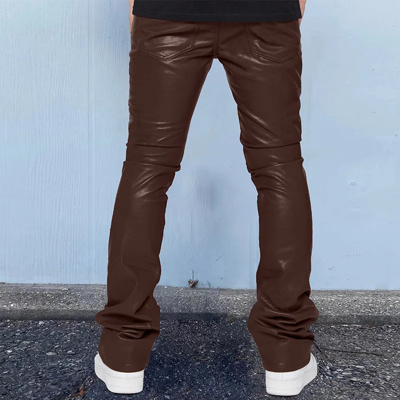 Men Long Pant Solid Mid Waist Casual Regular Leather Pants Pleated Splice Straight Trousers Button Pocket Autumn Winter New