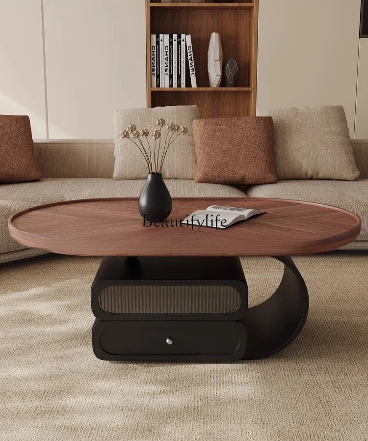 

French oval coffee table walnut light luxury storage black coffee table rock slab
