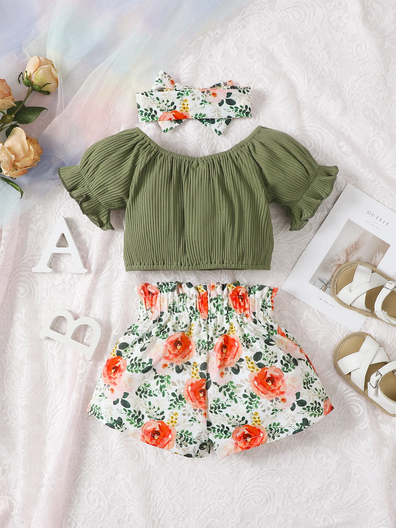 Summer round neck cute casual girl aged 0-2, Cotton Short Sleeved Headscarf, Printed Bow Shorts, Baby Wear