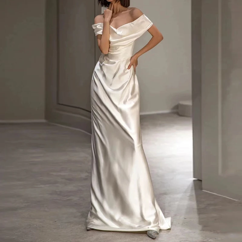 

Ele, атласное свадебное платье на одно плечо, простое, но изысканное свадебное платье для уличного газона, свадебного гостя входа