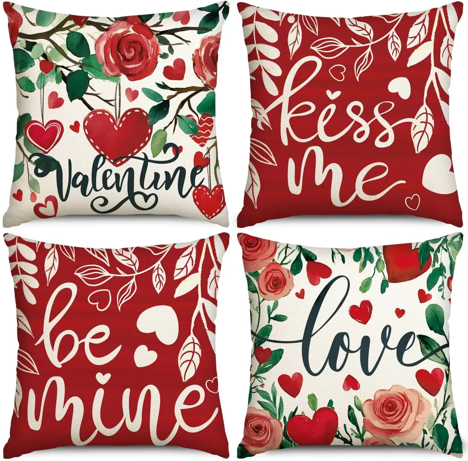 Valentine's Day Pillowcase 4 Pack, Red Heart Rose Decoration Holiday Farmhouse Cushion Cover Sofa Decoration 40x40