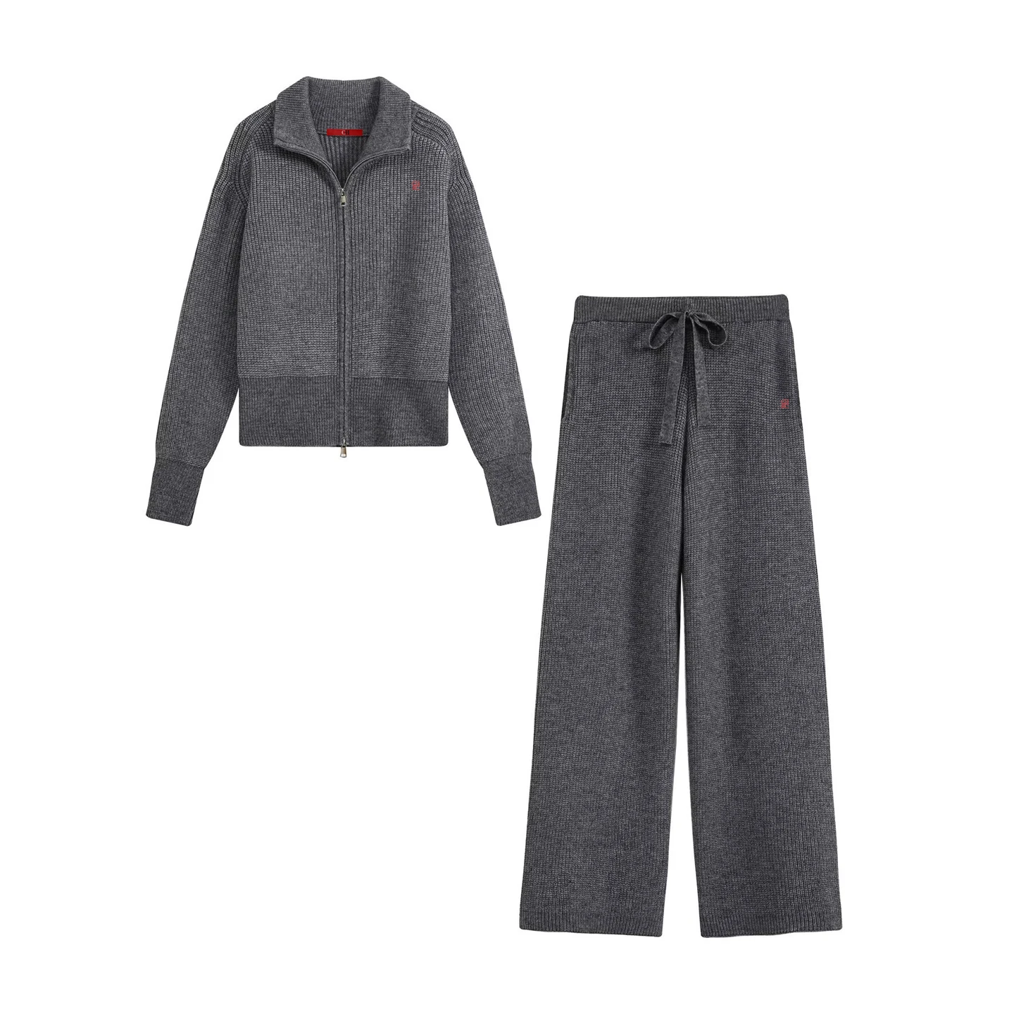 Women Zip Up Collar Knit Two Piece Set Red Embroidered Logo Long Sleeve Cardigan Drawstring Wide Leg Pants Outfit Suit view 5