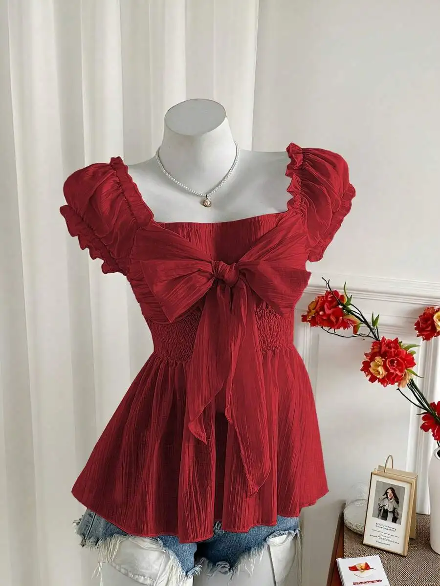 

Red Bow Knot Chiffon Short Sleeve Blouse For Women Summer