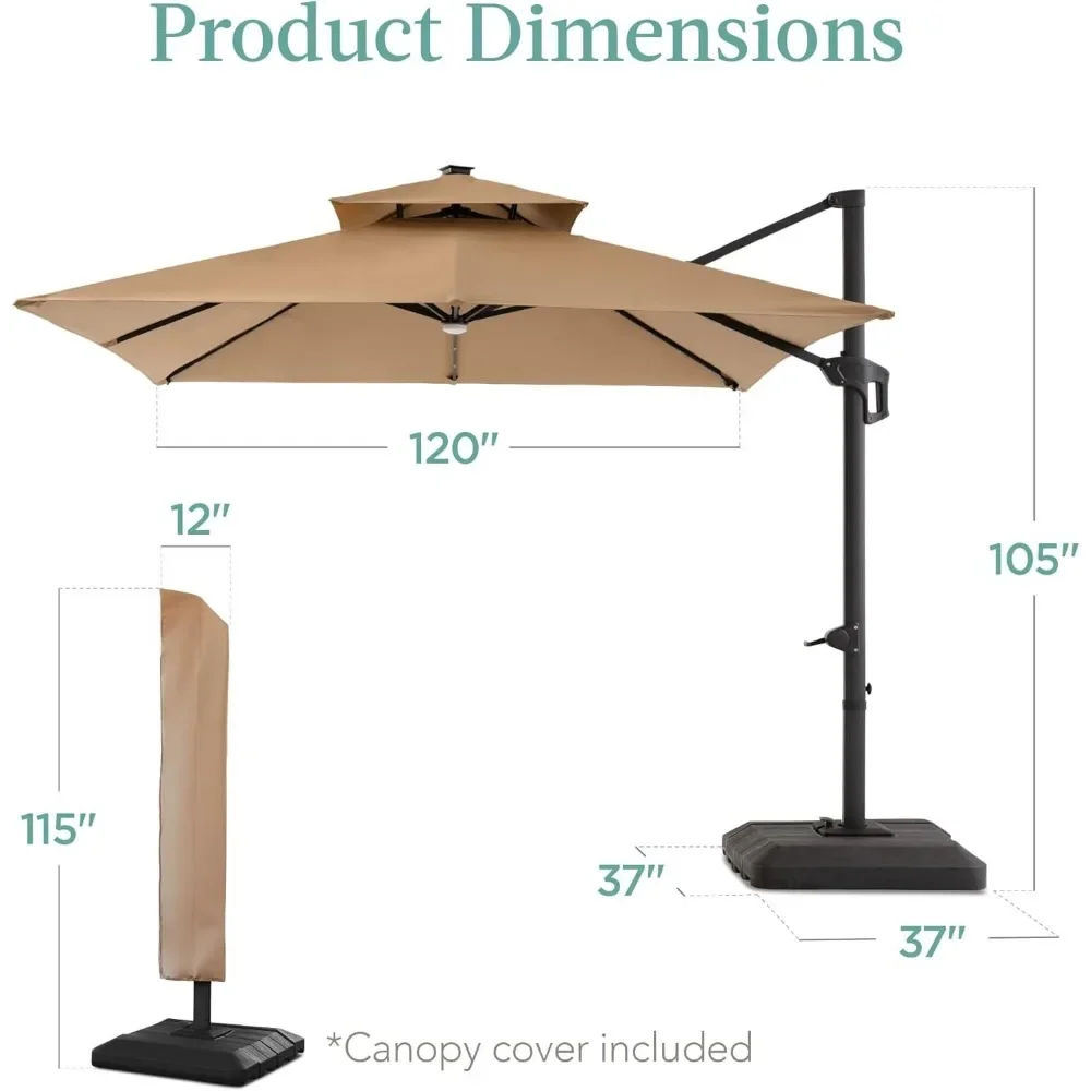 2-Tier Square Cantilever Patio Umbrella with Solar LED Lights, Offset Hanging Outdoor Sun Shade for Backyard , 360 Rotation