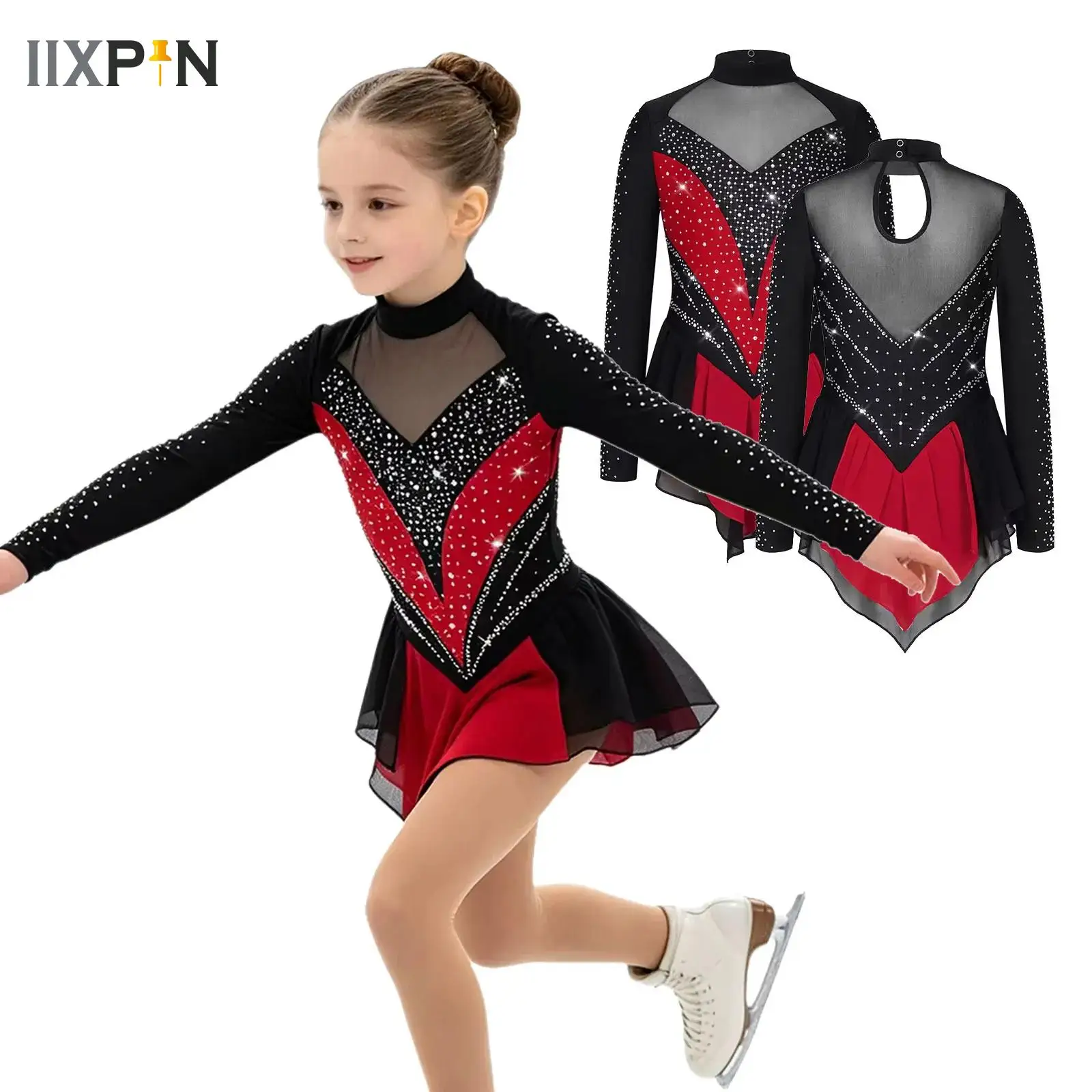 Kinder Mädchen Akrobatik Gymnastik Eiskunstlauf Kleid Ballett Trikot Kleid Farbblock Mesh Tutu Tanz Bühnenkostüm