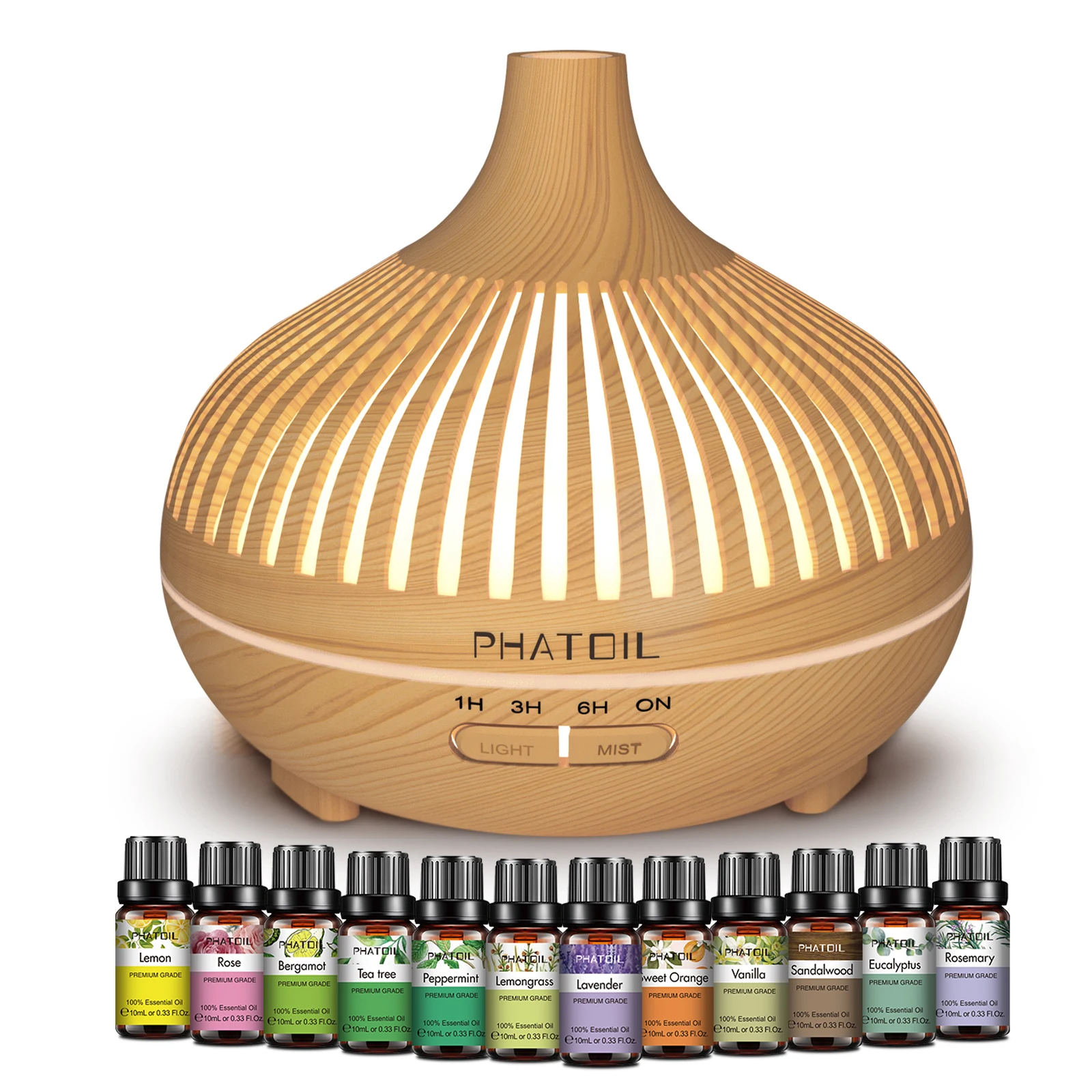 

PHATOIL 500ML Aromatherapy Diffuser & 12PCS Essential Oils Set, Humidifier with 4 Timers 7 Colors Light 10ml Essential Oil