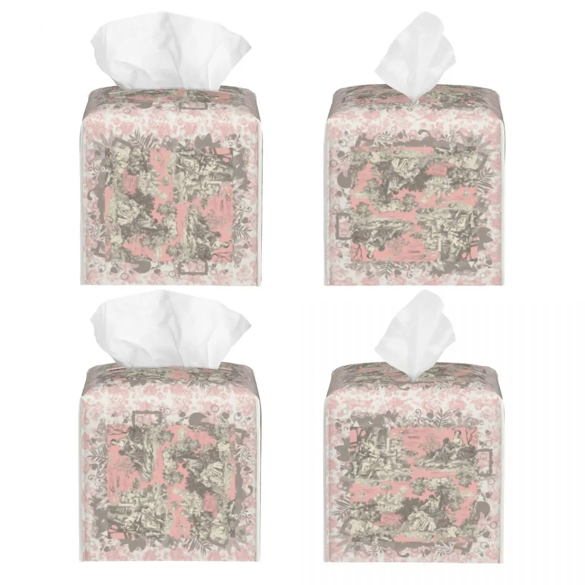 Custom Toile De Jouy Tissue Box Cover Square PU Leather French Motif Flora Facial Tissues Holder for Office