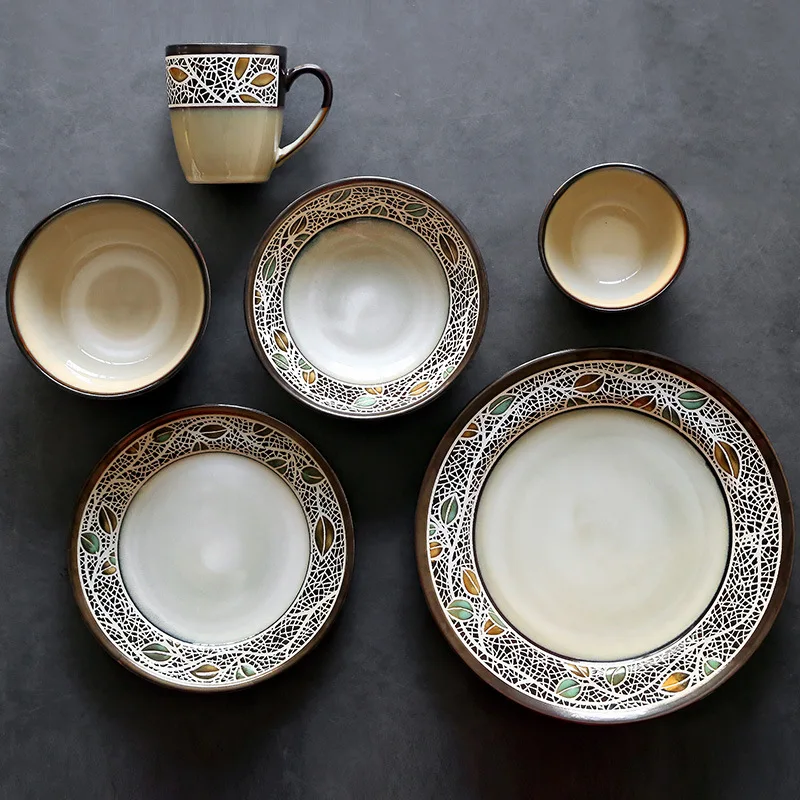 

European Retro Ceramic Tableware Creative Plate Household Rice Bowl Salad Bowl Western Plate Salad Bowl