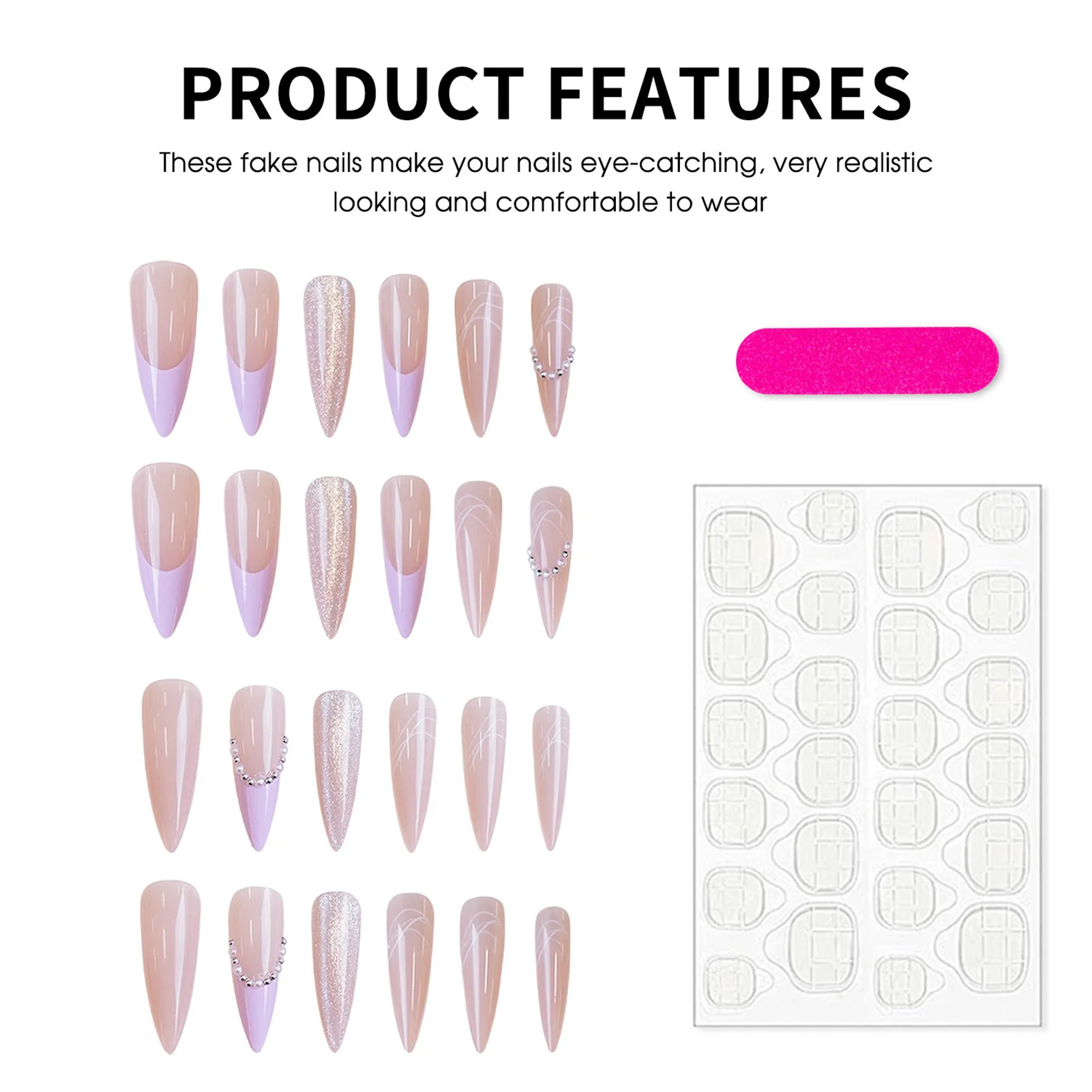 طويل خنجر الأظافر وهمية 24 قطعة الأرجواني الفرنسية الصحافة على الأظافر لطيف المرأة سحر مانيكير لامعة عيون القط/الخرز ديكور رسومات أظافر #3