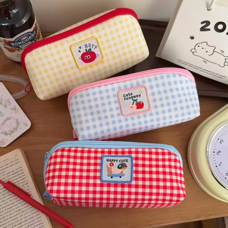 

Cute Cartoon Plaid School Pencil Case INS Fashion Large Capacity Pencil Bag Pouch Aesthetic Stationery Organizer for Student