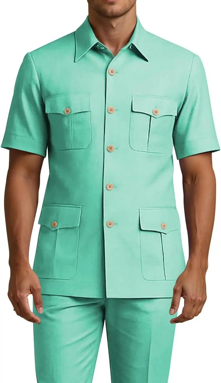 Mens Safari Short Sleeve Suits for Men Slim Fit Chinese Suit 2 Piece Spread Collar Multi-Pocket Blazer Pants