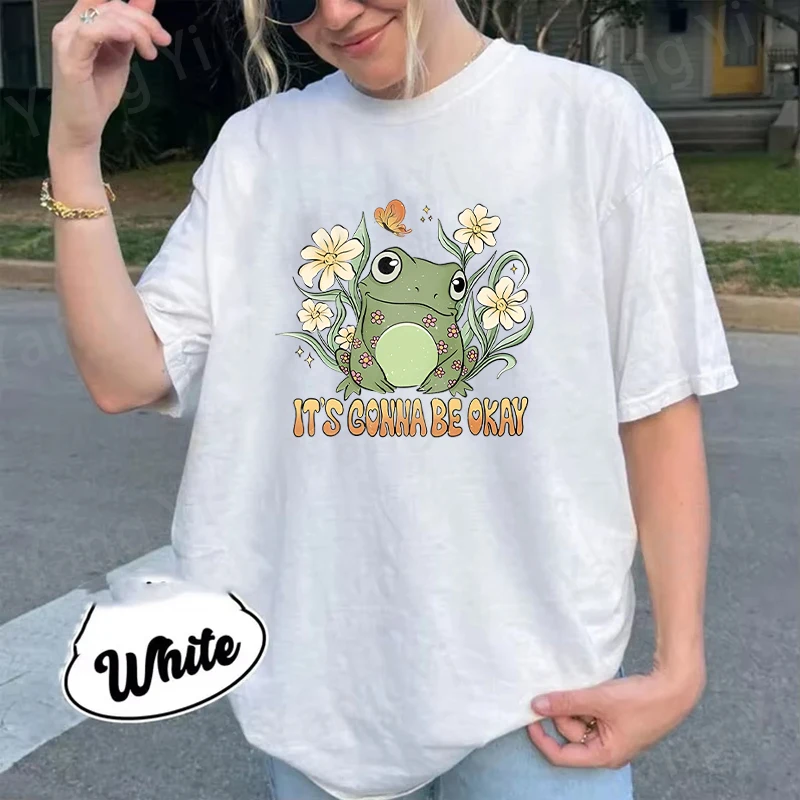 It's Conna Be Okay Pattern Men Women Cotton T-Shirt Cute Frog Print Retro Unisex Tee Elegant Loose Graffiti Top Fun Simple Shirt