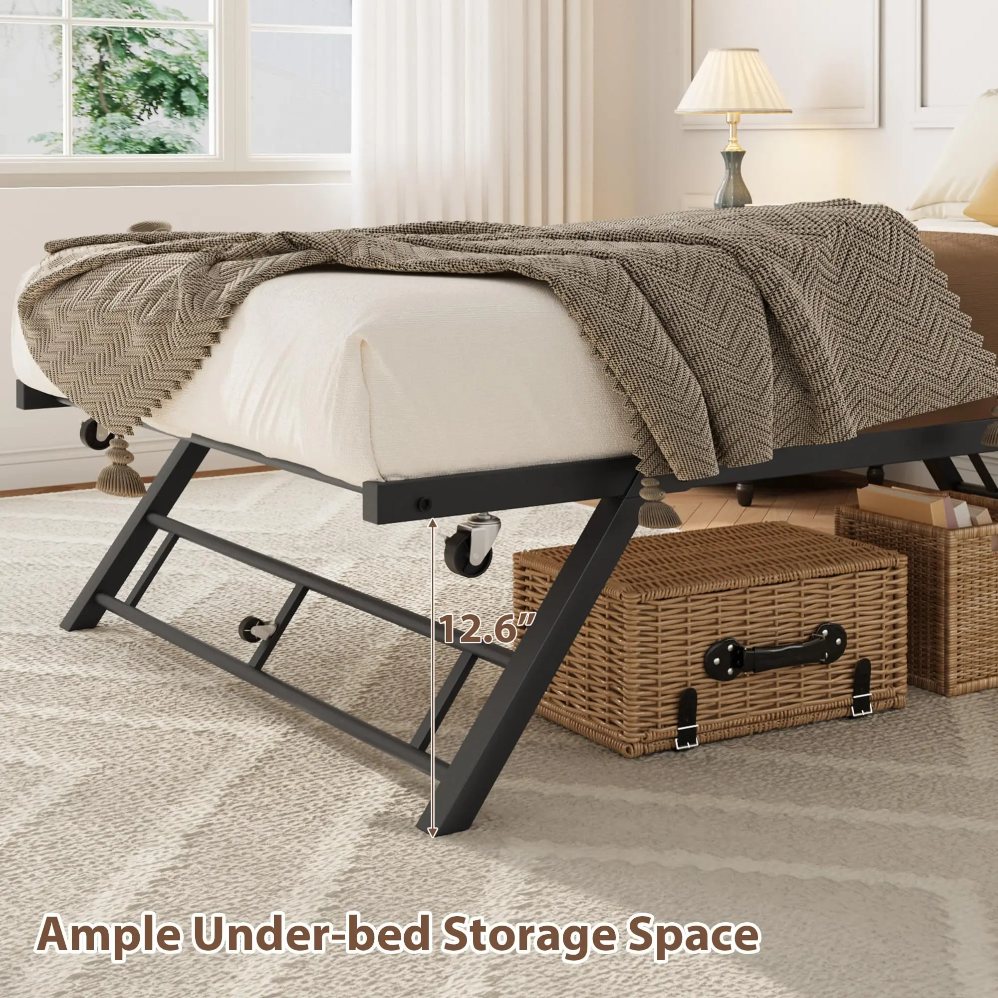 Twin Pop Up Trundle Bed Frame, Trundle Day Bed with Lockable Casters | Foldable Metal Platform,Heavy Duty Metal Slats,Use Solo or With Daybed,For Guest Room,Living Room,Space Saving image 8